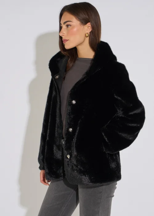 Gini London Black Hooded Faux Fur Mid Length Jacket - M/L Image 4