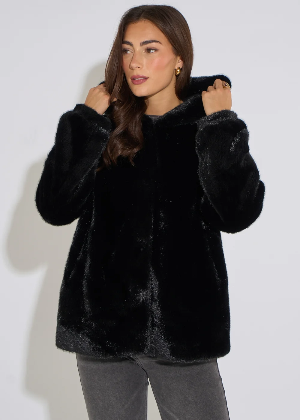 Gini London Black Hooded Faux Fur Mid Length Jacket - M/L Image 1