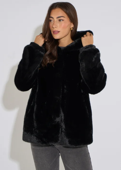 Gini London Black Hooded Faux Fur Mid Length Jacket - M/L Image 1