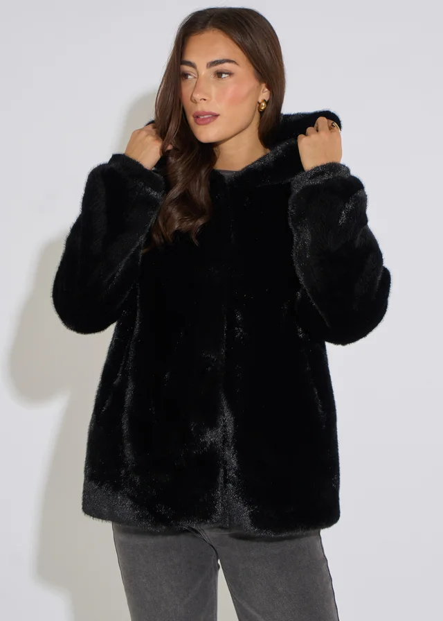 Gini London Black Hooded Faux Fur Mid Length Jacket