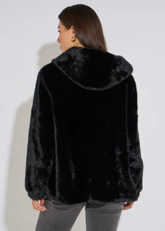 Gini London Black Hooded Faux Fur Mid Length Jacket