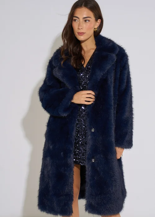 Gini London Dark Blue Panelled Faux Fur Longline Jacket - L/XL Image 3