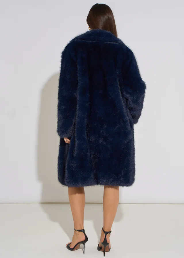 Gini London Dark Blue Panelled Faux Fur Longline Jacket