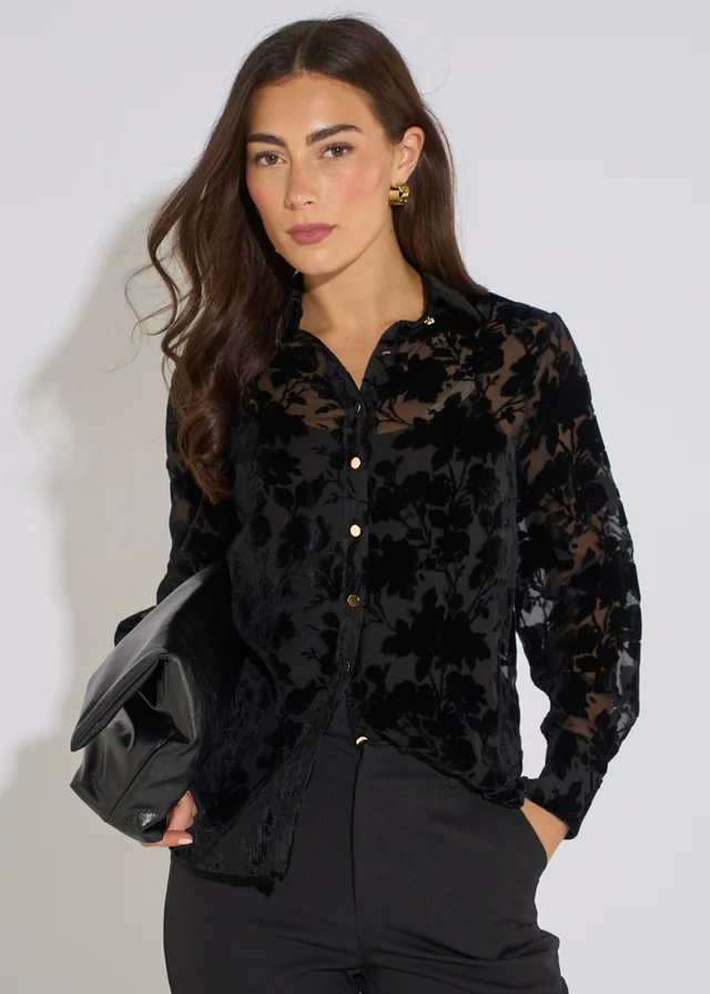Gini London Black Floral Burnout Long Sleeves Shirt
