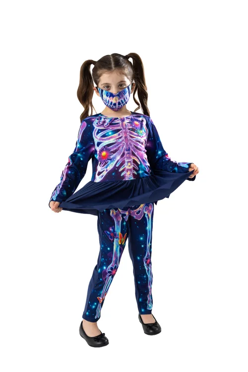 Vanilla Underground Girls Multicoloured Skeleton 2 Piece Costume (3-10 Years) - 8-10 Yrs Image 1