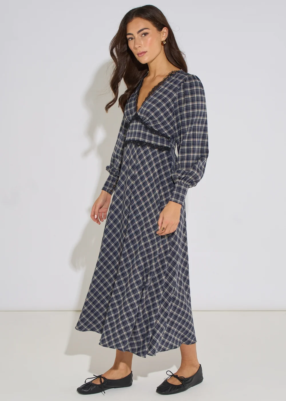 Gini London Blue Check Contrast Lace Trim Midi Dress - 14 Image 5