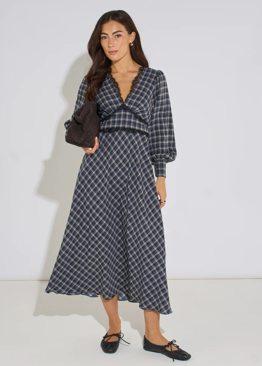 Gini London Blue Check Contrast Lace Trim Midi Dress - 14 Image 1