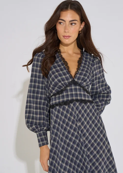 Gini London Blue Check Contrast Lace Trim Midi Dress - 14 Image 4