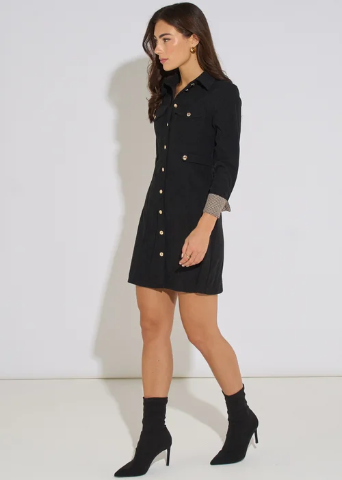 Gini London Black Long Sleeve Button Detail Cord Mini Dress - 10 Image 4