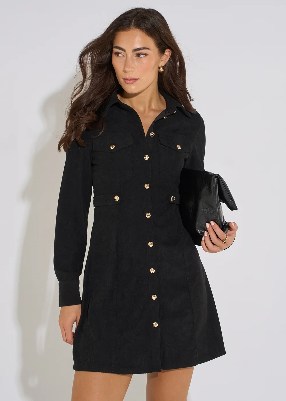 Gini London Black Long Sleeve Button Detail Cord Mini Dress - 10 Image 3