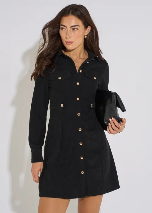 Gini London Black Long Sleeve Button Detail Cord Mini Dress - 10 Image 3