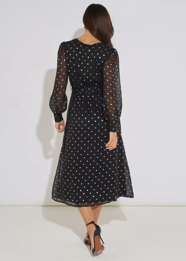 Gini London Black Spot Foil Midi Wrap Dress