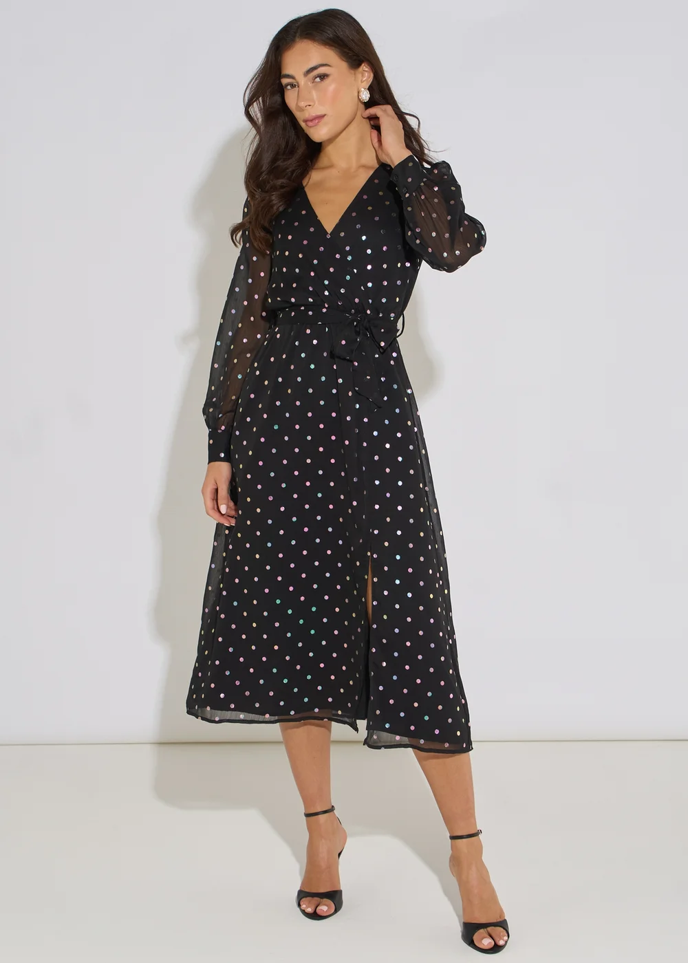Gini London Black Spot Foil Midi Wrap Dress - 14 Image 1