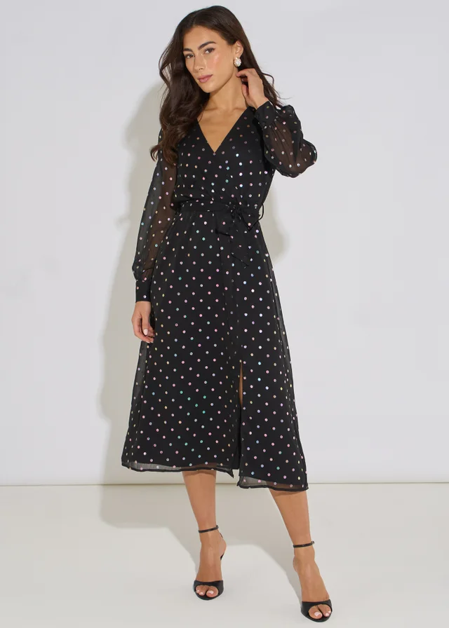 Gini London Black Spot Foil Midi Wrap Dress
