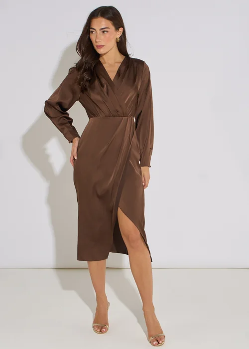 Gini London Brown Wrap Front Satin Midi Dress - 14 Image 1