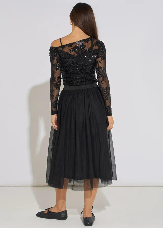 Gini London Black Tulle Skater Midi Skirt