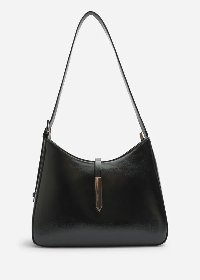 Where's That From Grivya Black High Shine Faux Leather Shoulder Bag With Trim Detail