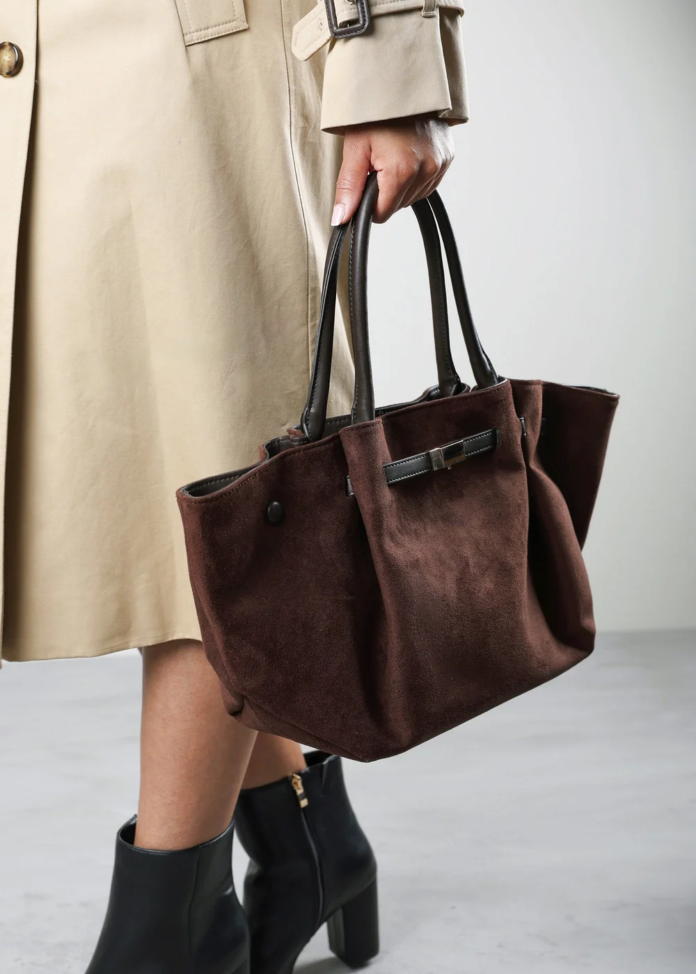 Where's That From Dove Dark Brown Suede Winged Tote Bag With Belt Lock Detail - One Size Image 4