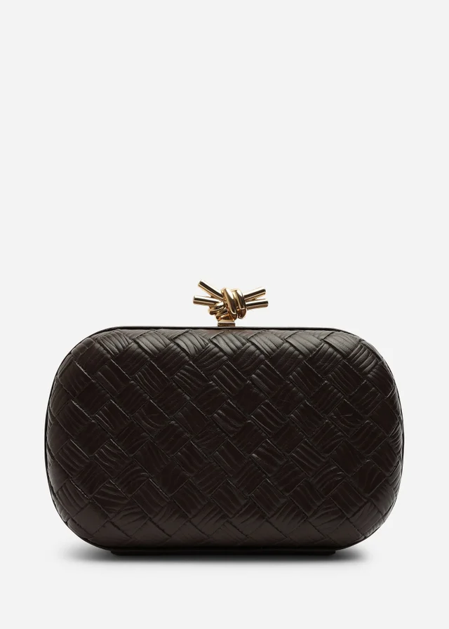 Where's That From Helixa Brown Woven Hard Shell Clutch Bag with Knot Clasp Detail