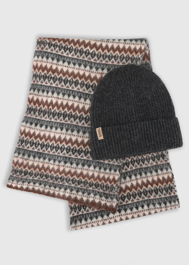 Totes Brown/Beige Brown Fair Isle Knit Scarf & Beanie Hat Set
