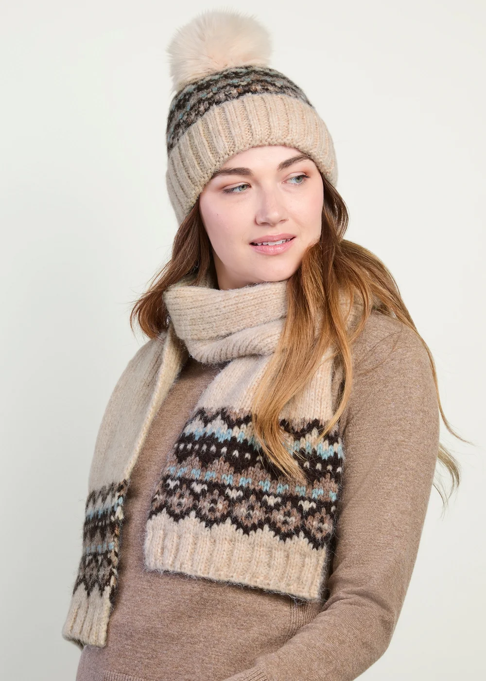 Totes Oat Natural Fair Isle Scarf & Hat Set - One Size Image 3