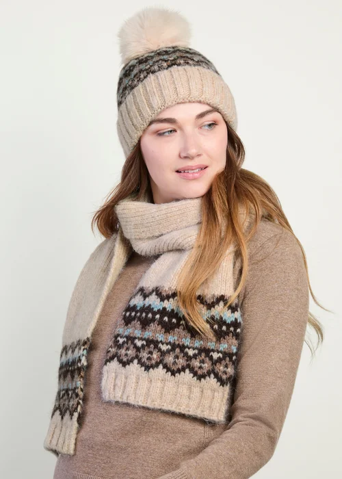 Totes Oat Natural Fair Isle Scarf & Hat Set - One Size Image 3