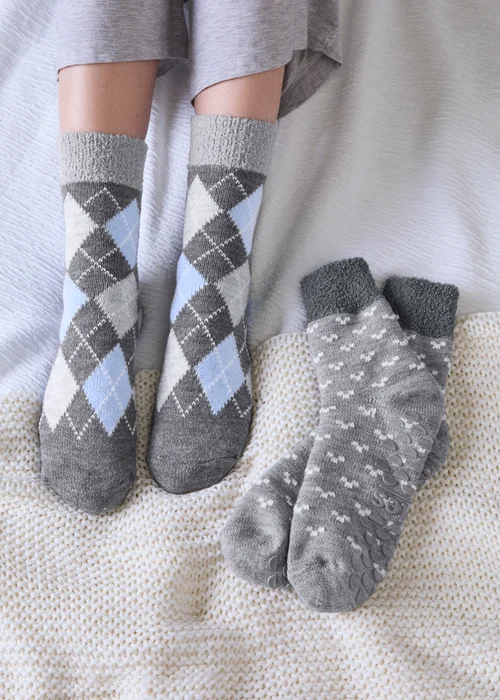Totes 2 Pack Grey/Blue Grey Crop Slipper-Sox with Cosy Lining - One Size Image 3
