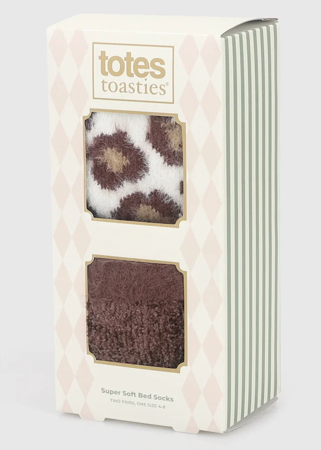 Totes 2 pack Brown/Leopard Brown Super Soft Cosy Bed Socks
