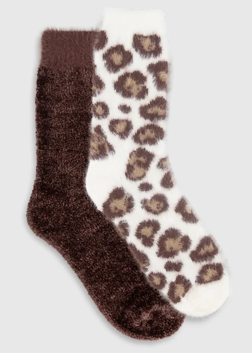 Totes 2 pack Brown/Leopard Brown Super Soft Cosy Bed Socks - One Size Image 1