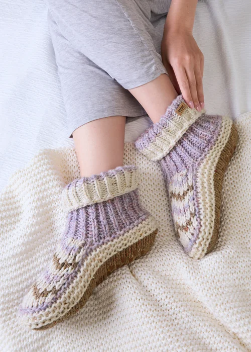 Totes Purple/Oat Mix Purple Chunky Knit Booties with Sherpa Lining - One Size Image 3