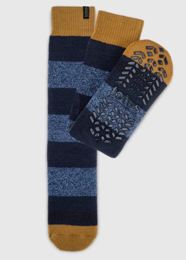 Totes Blue/Mustard Stripe Blue Brushed Thermal Original Slipper-Sox