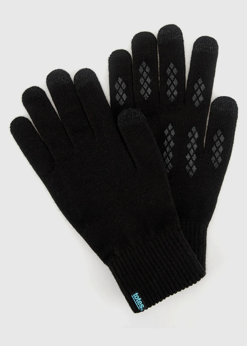 Totes Black Thermal Knitted Gloves With Palm Grippers & Smartouch - One Size Image 1