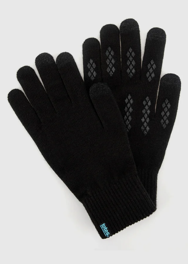 Totes Black Thermal Knitted Gloves With Palm Grippers & Smartouch