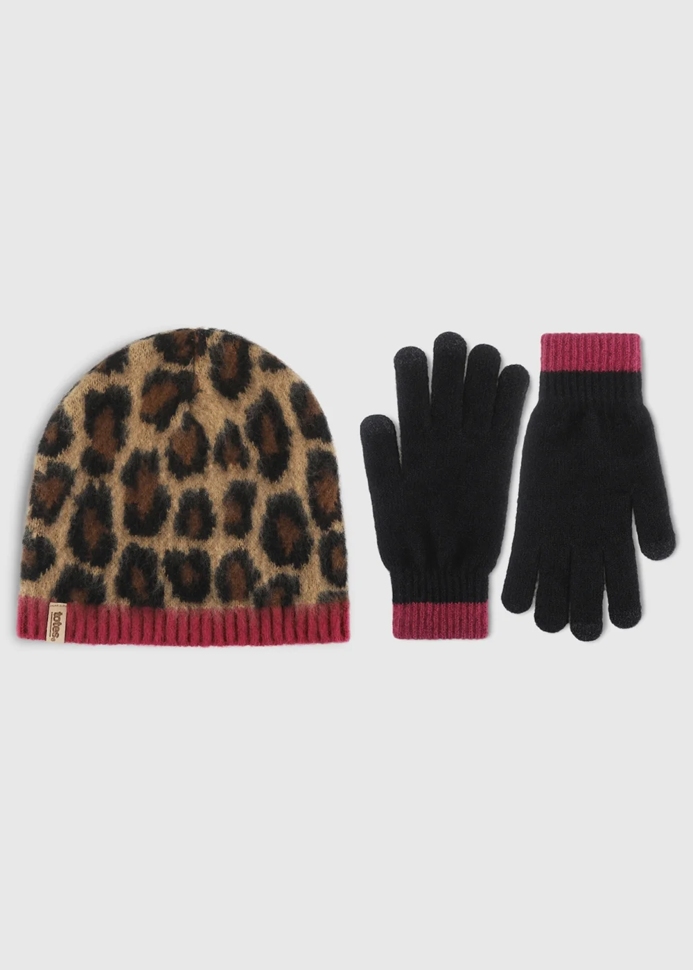 Totes Leopard/Black Mix Animal Leopard Beanie Hat & Gloves with Smartouch - One Size Image 1