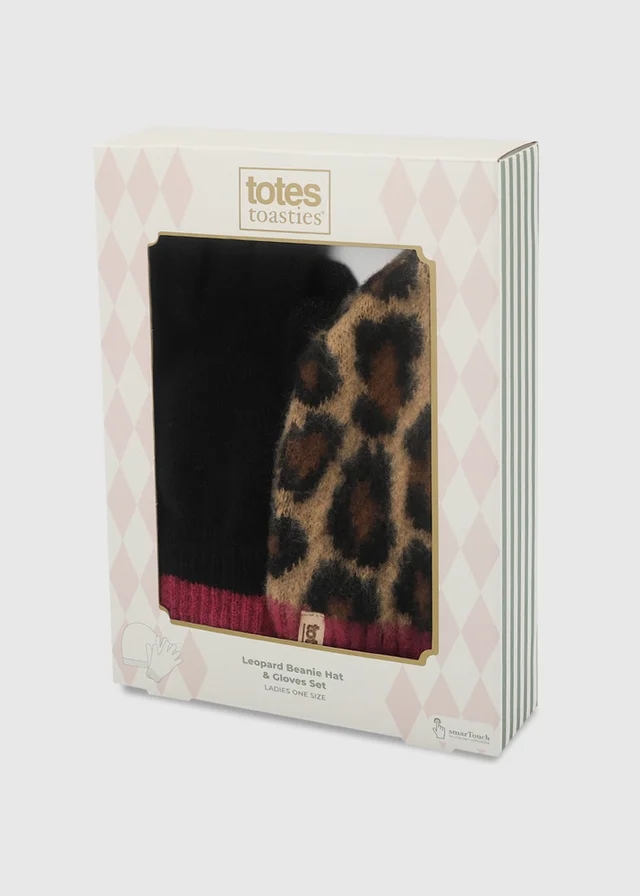 Totes Leopard/Black Mix Animal Leopard Beanie Hat & Gloves with Smartouch