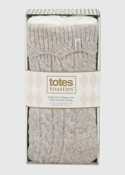 Totes Oat Natural Cable Knit Slipper-Sox with Sherpa Lining - One Size Image 6