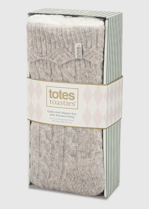 Totes Oat Natural Cable Knit Slipper-Sox with Sherpa Lining - One Size Image 2