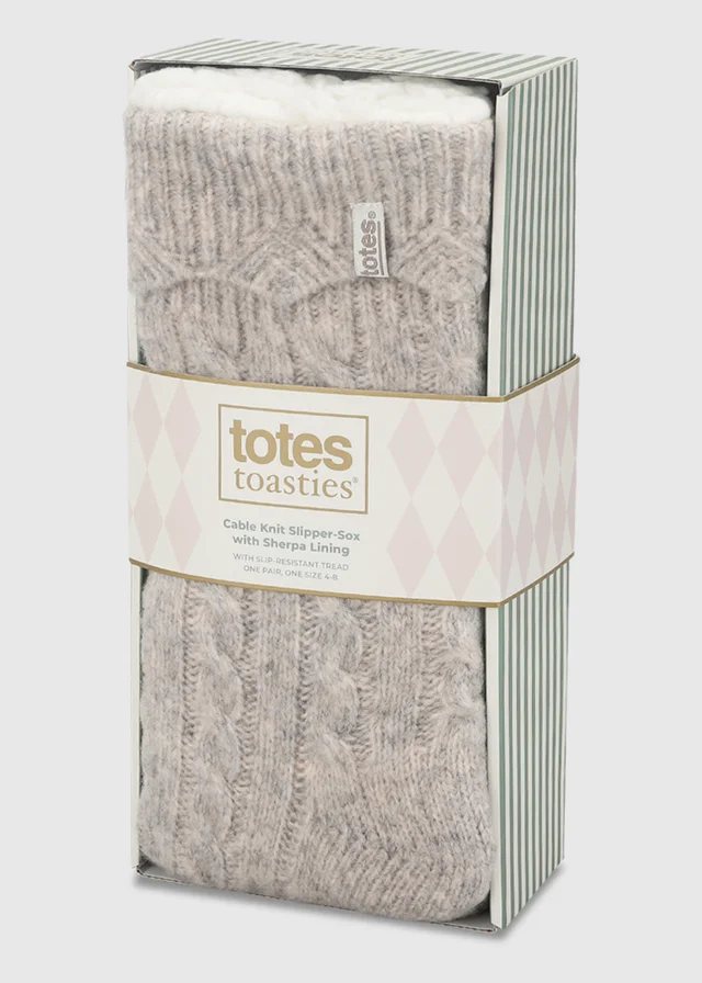 Totes Oat Natural Cable Knit Slipper-Sox with Sherpa Lining