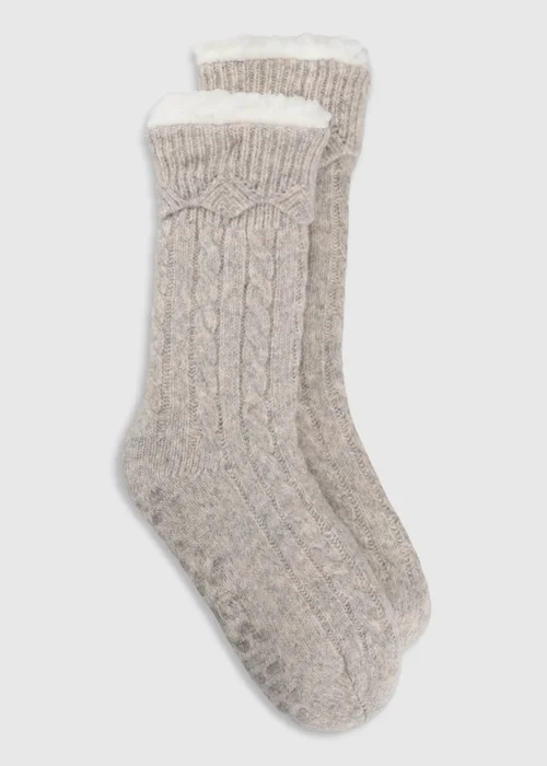 Totes Oat Natural Cable Knit Slipper-Sox with Sherpa Lining - One Size Image 1