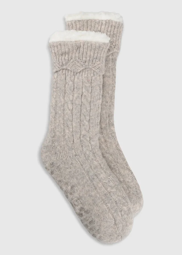 Totes Oat Natural Cable Knit Slipper-Sox with Sherpa Lining