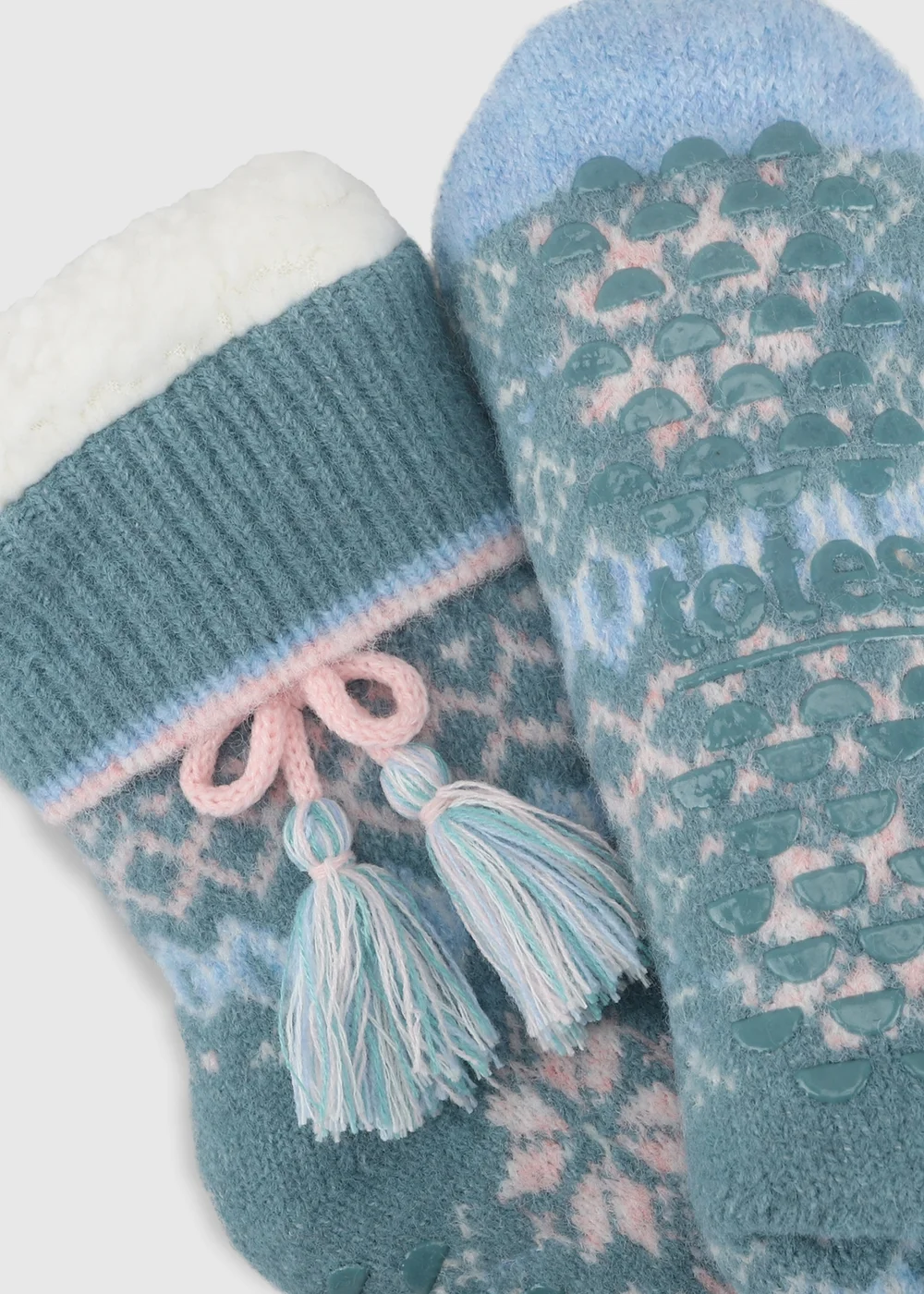 Totes Teal Blue Fair Isle Knit Crop Slipper-Sox with Sherpa Lining - One Size Image 5