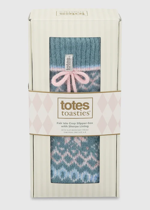 Totes Teal Blue Fair Isle Knit Crop Slipper-Sox with Sherpa Lining - One Size Image 6
