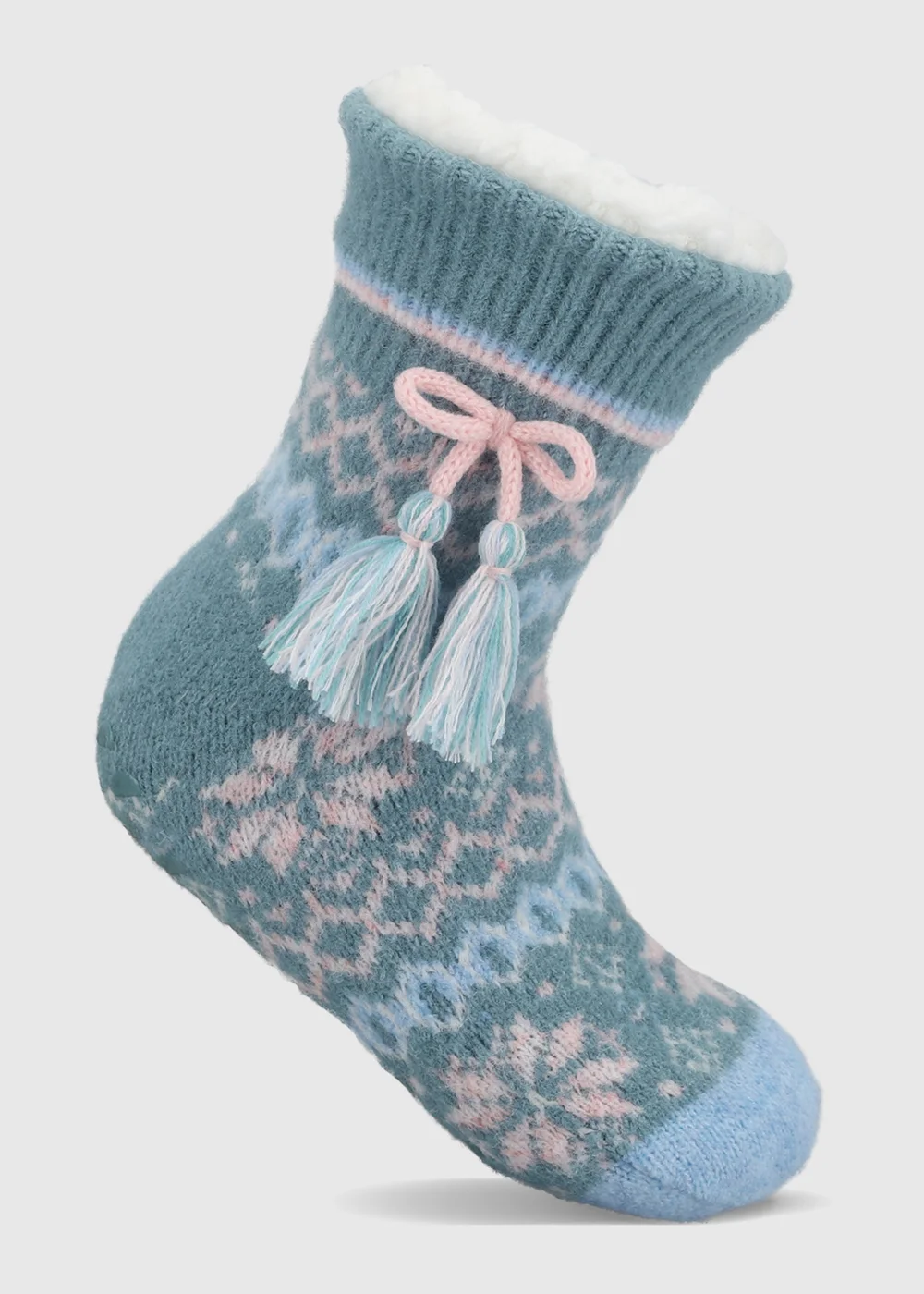 Totes Teal Blue Fair Isle Knit Crop Slipper-Sox with Sherpa Lining - One Size Image 4