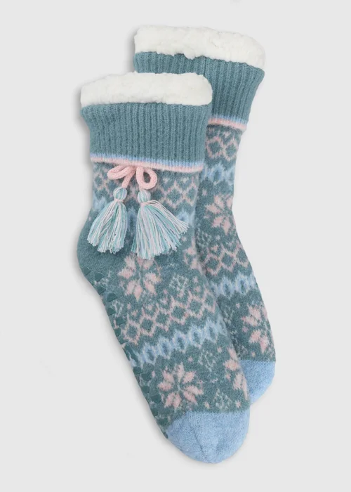 Totes Teal Blue Fair Isle Knit Crop Slipper-Sox with Sherpa Lining - One Size Image 1