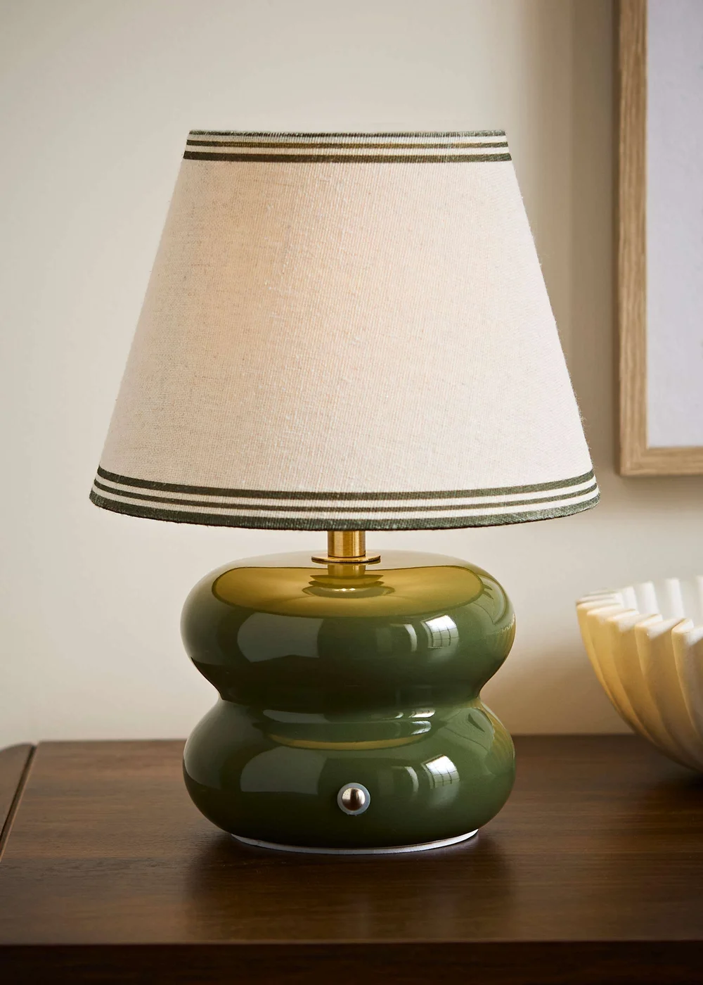 ValueLights Gia Olive Ceramic Stacked Rechargeable Table Lamp with Triple Trim Shade - One Size Image 1