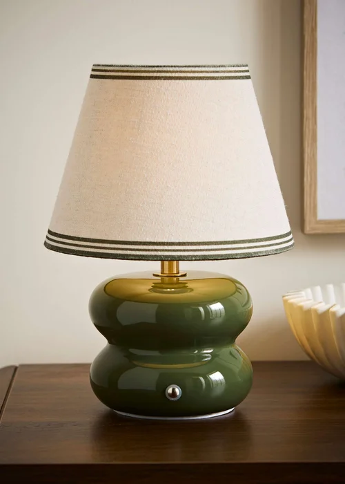 ValueLights Gia Olive Ceramic Stacked Rechargeable Table Lamp with Triple Trim Shade - One Size Image 1