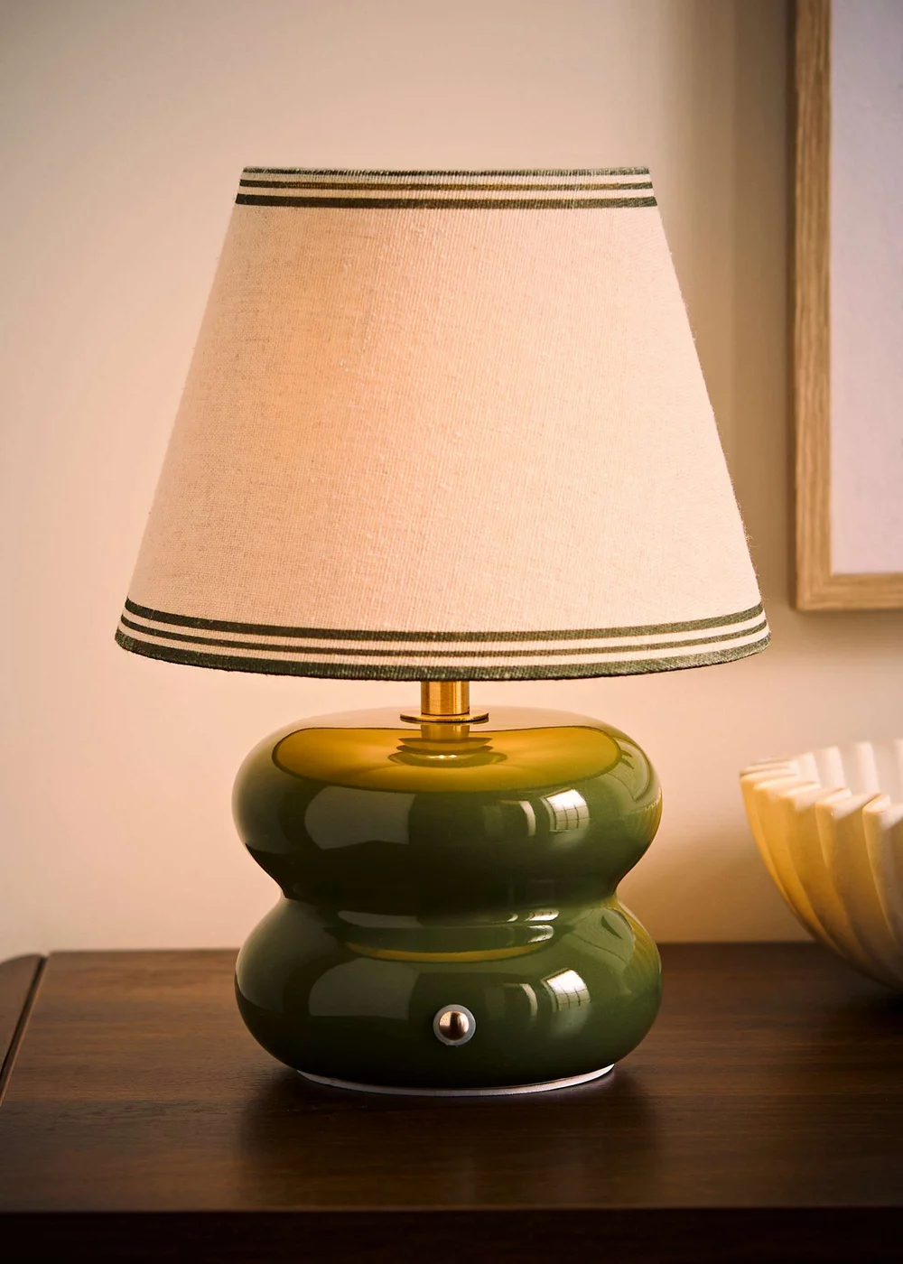 ValueLights Gia Olive Ceramic Stacked Rechargeable Table Lamp with Triple Trim Shade - One Size Image 2