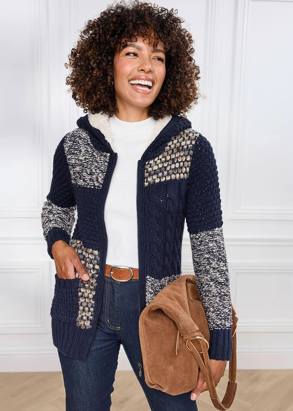 Cotton Traders Navy Hooded Knitted Zip Cardigan - 18 Image 1