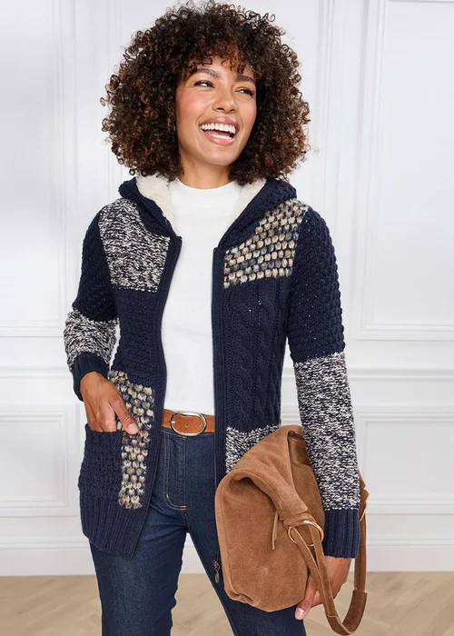 Cotton Traders Navy Hooded Knitted Zip Cardigan - 18 Image 1