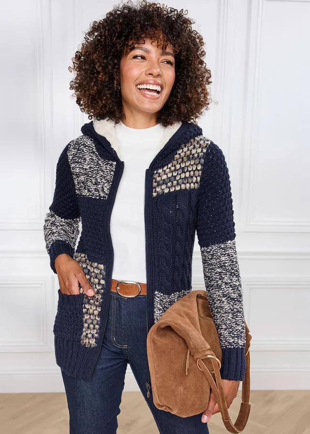 Cotton Traders Navy Hooded Knitted Zip Cardigan